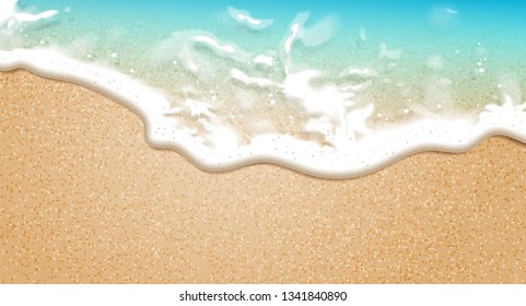 Summer background. Transparent sea wave on the yellow sandy shore.   3D vector. High detailed realistic illustration.