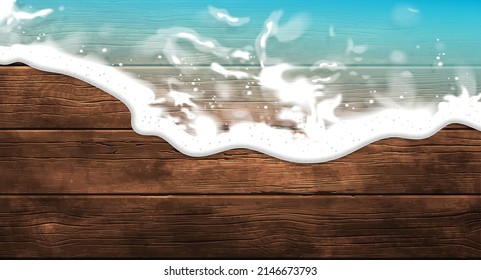 Fondo de verano. Una ola transparente con flotas de espuma sobre un parqué. vector 3D. Ilustración realista detallada y alta.