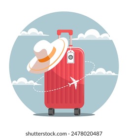 Fondo de verano con maleta de viaje y avión contra el cielo con nubes. Concepto de vacaciones y viajes. Ilustración. Vector