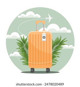 Fondo de verano con maleta de viaje y avión contra el cielo con nubes. Concepto de vacaciones y viajes. Ilustración. Vector