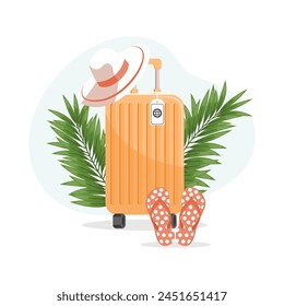 Summer background with travel suitcase, flip flops and summer hat. Vacation and travel concept. Illustration. Vector