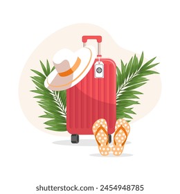 Fondo de verano con maleta de viaje, chanclas y sombrero de verano. Concepto de vacaciones y viajes. Ilustración. Vector