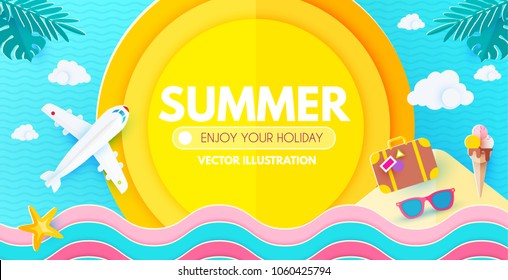 Summer Background with Travel Vacation Elements. Exotic Trip Design. Paper Art. Plane, Waves, Sun,Starfish, Palm Leaves, Plumeria Flower, Sunglasses, Ice Cream, Island,Suitcase. Vector illustration