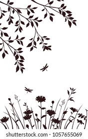 Summer background with tree twigs, grass and flower silhouettes isolated on white. Vector illustration