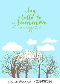 Summer background with trees and clouds. Place for text.