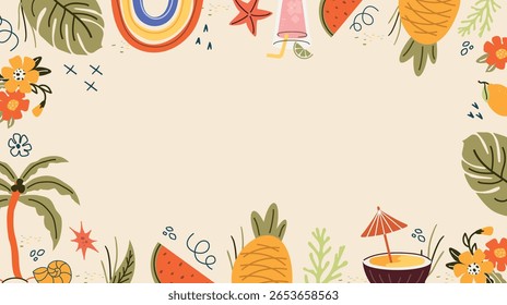 Verão, fundo de elementos de tendência: sol, abacaxi, palmeira, sobremesa, óculos, arco-íris. Arte moderna na moda. Cartoon, arte minimalista, abstrata estilo Nouveau. modelo de arte para banner de verão 