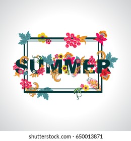 Summer background. Trendy floral pattern vector design for banner or flyer.  Summer typography design with leaves and flowers.