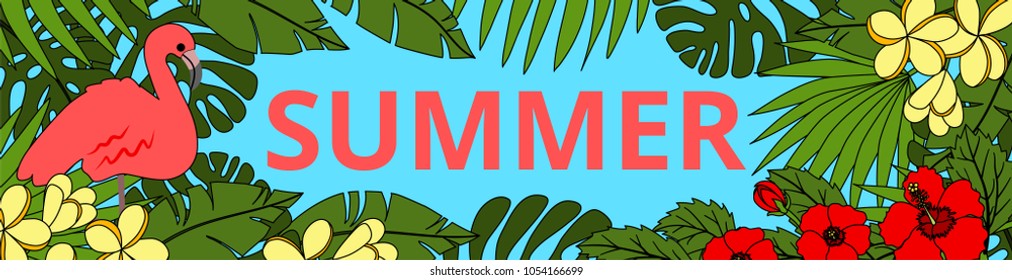 Summer background with tropic palm leaves, flowers, flamingo and blue sky. Horizontal web banner