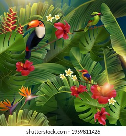 summer background with tropical 3D realistic birds, flowers, leaves for travel, leisure design.Isolated on a dark background.Elegant floral vector composition. Print for a T-shirt. Tropical flowers