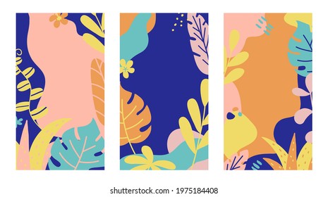 Summer background. Tropical banner set. Travel and vacation vertical decoration. Social media cover design. Island tourism pattern. Happy season card. Celebration texture. Vector illustration.