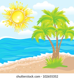 Summer background, tropical beach with palm trees