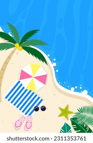 Summer background with tropical beach and swimming pool