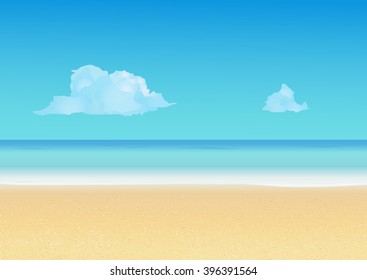 Summer background with tropical beach. Summer vacation, seashore resort, travel background. Vector illustration