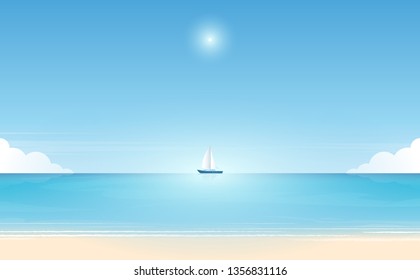 Summer background. Tropical beach vector background. Background of the sea with the ship. Summer Concept. Vector Illustrator.