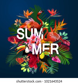 summer background with tropical birds and flowers for travel, vacation design.Isolated on a blue background.Elegant floral vector composition. A print for a tshirt. Tropical flowers 