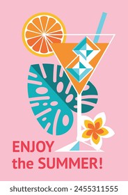 Summer background with tropical cocktail in glass in front of liana leaf and magnolia flower. Fruity refreshing drink with ice cubes. Juicy cold drink. Vector illustration, poster, card, invitation