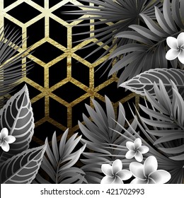 Summer Background with Tropical Exotic Leaves, Branches and Gold Geometric Pattern. Vintage Black and White Retro Movies Style.