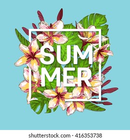 Summer background with tropical flower lily and monstera. Vector eps 10 format.