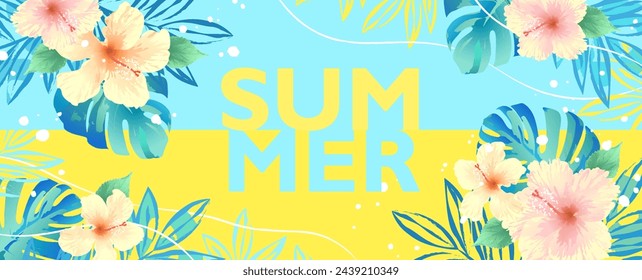 Summer background with tropical flowers and leaves on light yellow and blue background. Vector horizontal template for fashion ads, web banners, posters, prints, and social media stories.