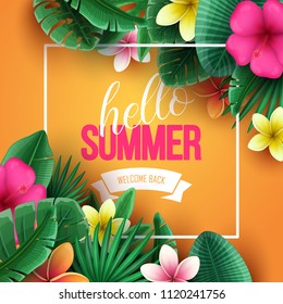 Summer background with tropical flowers and palm leaves. Vector illustration.