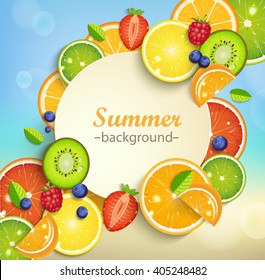 Summer background with tropical fruits and berries and round frame for the text. Vector illustration.