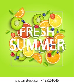 Summer background with tropical fruits and berries, square frame and the lettering  fresh summer. Vector illustration.