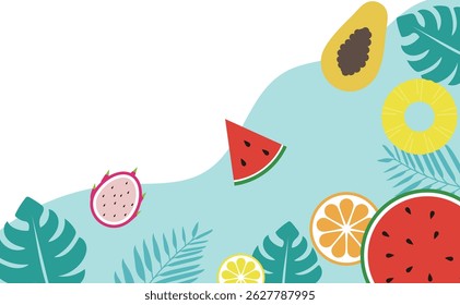 Fundo de verão com frutas tropicais e folhas. Ilustração vetorial para seu design