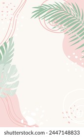 Fondo de verano con hojas tropicales. Fondo de verano colorido tropical en colores pastel, Plantilla para el Anuncio, menú, invitación. Ilustración vectorial