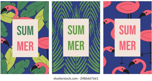 Summer background with tropical leaves and flamingo. Jungle and beach theme. Nature Summer posters cover set. Flat vector aesthetic can used web and social media themes. EPS 10