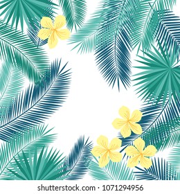 Summer background with tropical leaves and flowers. Floral elements for your design. Vector illustration.
