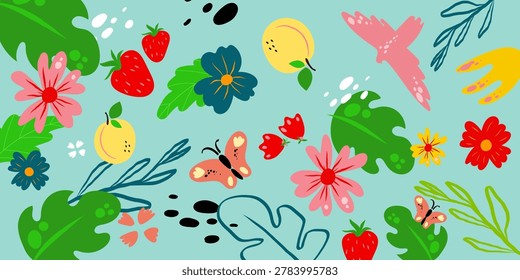 Summer background with tropical leaves, flowers, fruits, butterflies, and colorful botanical elements for banners, promotions, advertising, social media, seasonal campaigns.Vector illustration