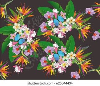 Summer background with tropical leaves and flowers and animal textures.