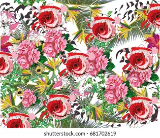 Summer background with tropical leaves and flowers and animal textures.