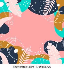 Summer background with tropical leaves in modern memphis style. Vector illustration.