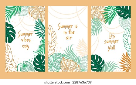 Summer background with tropical leaves in pastel colors. Set of flyers. Vector