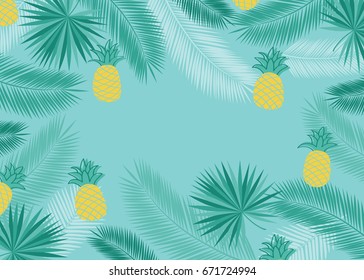 Summer background with tropical leaves and pineapples. Vector illustration.