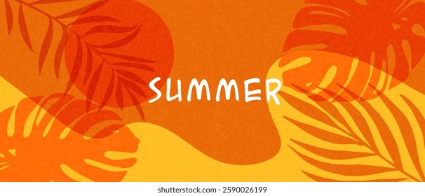 Summer background with tropical leaves and sun. Vector.