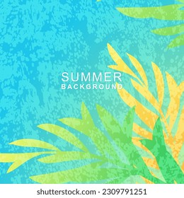 Summer background with tropical leaves. Texture and gradient of green, blue and yellow colors. Beach and jungle theme. Editable vector template