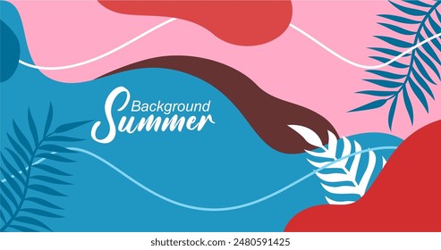 Summer background with tropical leaves. Vector illustration in trendy flat style.