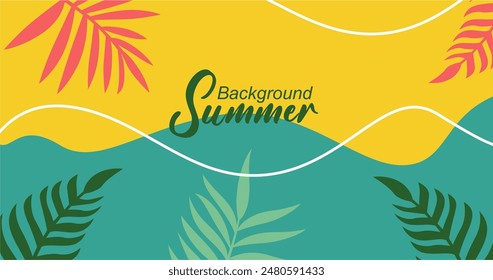 Summer background with tropical leaves. Vector illustration in trendy flat style.