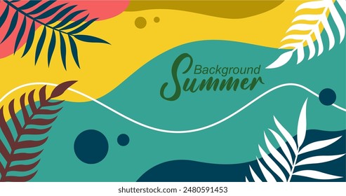 Summer background with tropical leaves. Vector illustration in trendy flat style.