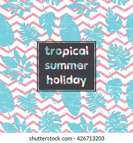 Summer background with tropical leaves. Vector template for invitation, card, poster, cover, packaging design.