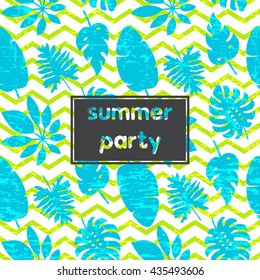 Summer background with tropical leaves. Vector template for invitation, card, poster, cover, packaging design.