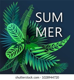 Summer background with tropical leavves in style cut paper