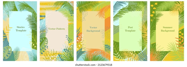 Summer background with tropical palm leaves and abstract texture. Set of frames for social posts on internet networks. Template for advertising, sale, flyer, banner. Jungle, tropics, nature theme. - Shutterstock ID 2123679518