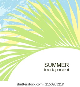 Summer background with tropical palm leaves. Texture in blue green and yellow. Jungle and beach theme. Editable vector template 