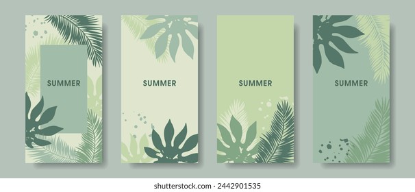 Summer background with tropical palm leaves. Abstract banner with jungle theme. Set of backgrounds for posts on social networks, sales, flyers, cards. Vector.