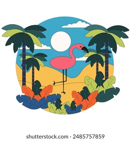 Summer background with tropical palm leaves. Circle design t-shirt print. Summer art in trendy Groovy style. Minimal vector aesthetic can used web and social media. EPS 10