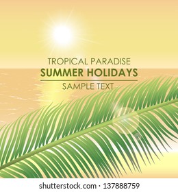 Summer background - a tropical paradise. Palm branch on a background of the sea and sunset