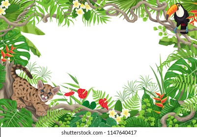 Summer background with tropical plants and animals. Horizontal floral frame with funny angry puma cub and toucan on liana branches. Space for text. Rainforest foliage border vector flat illustration.